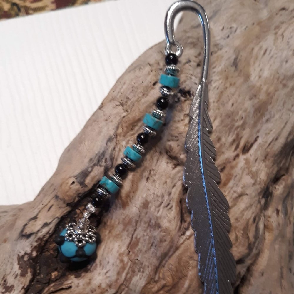 Silver Plated Beaded Bookmark with Turquoise & Onyx Beads